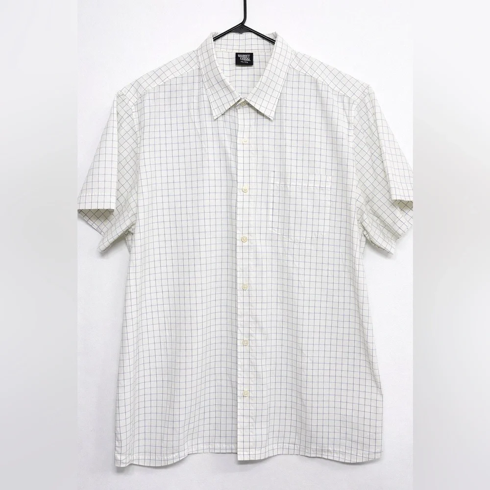 Casual White and Blue Grid Men's Shirt - Picture 1 of 7